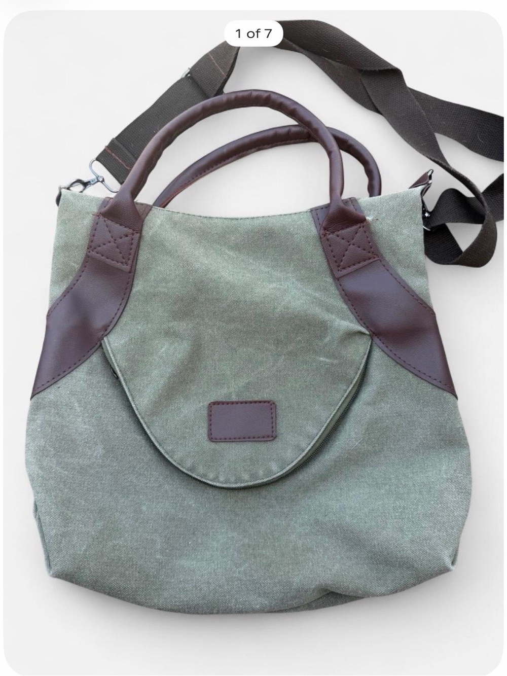 Olive Green Distressed Canvas Crossbody Tote with Dark Brown Faux Leather Trim